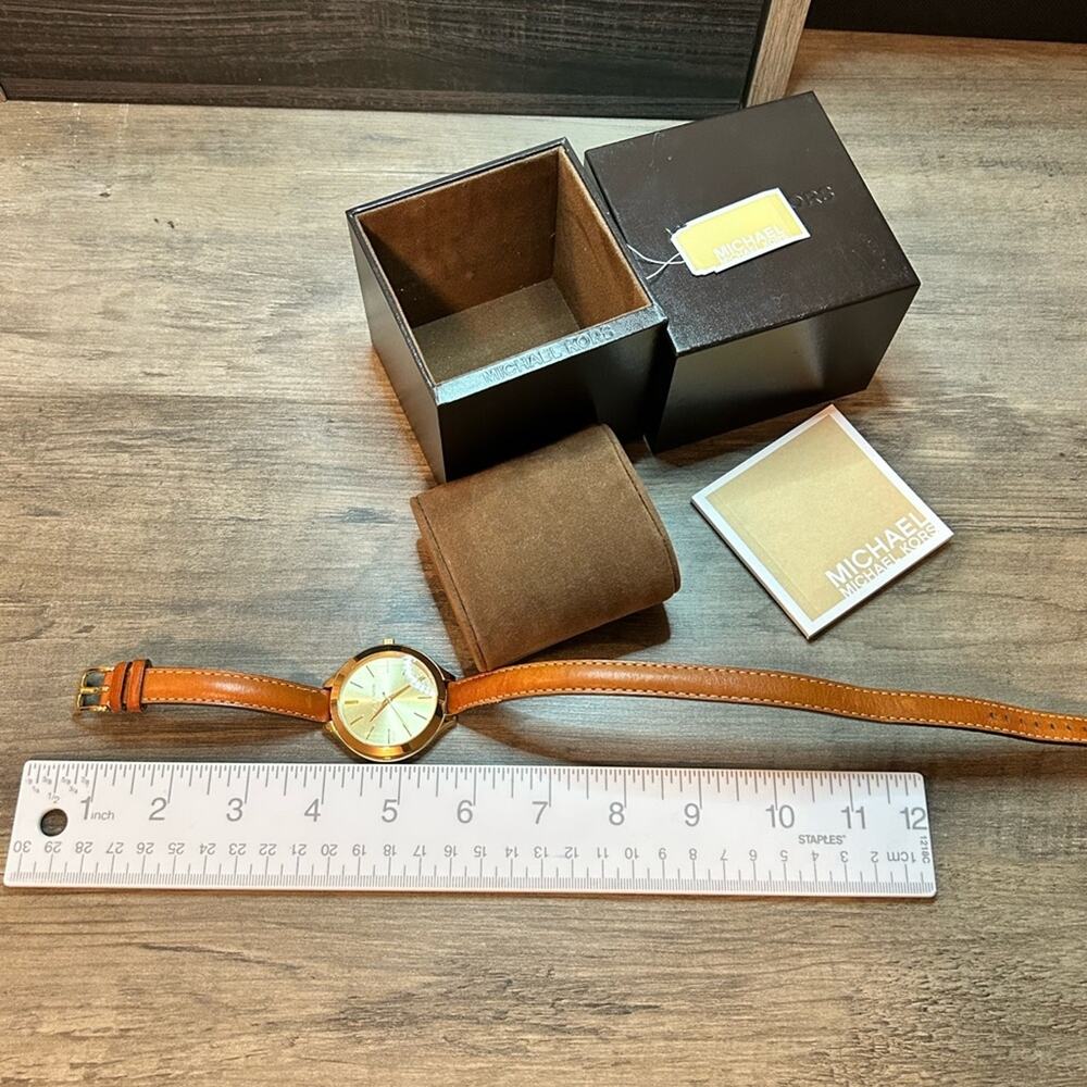 Michael Kors Women’s Double Wrap Watch New in Box!!  Gold face tan leather band - Picture 3 of 15